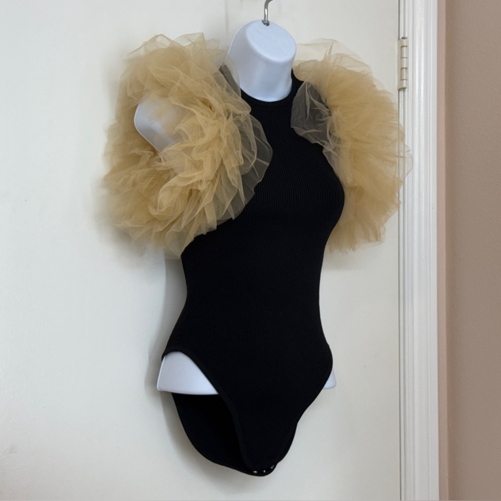 ZARA Women Tulle Ruffle Sleeves Bodysuit, Black, Size S, NEW